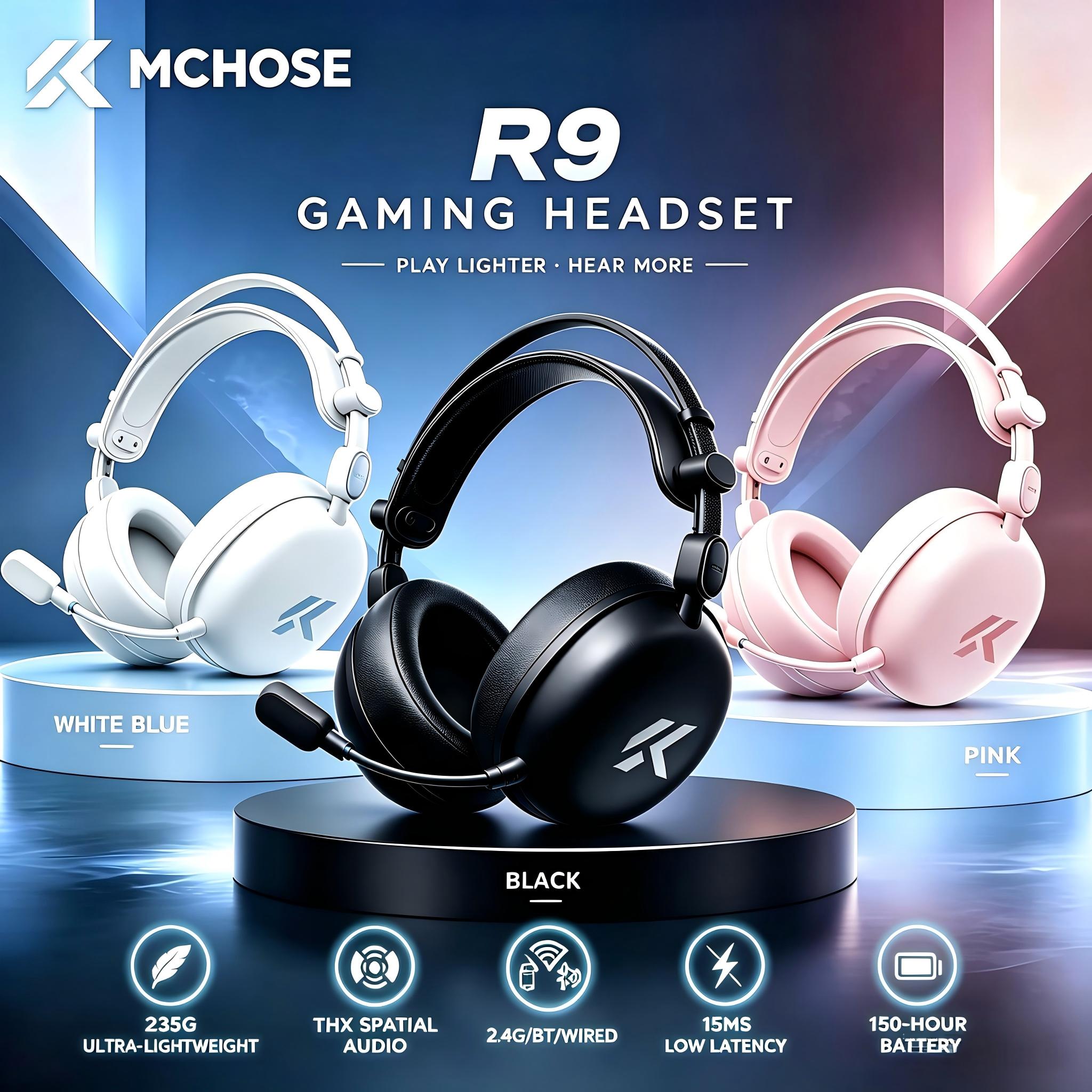 Esports Gaming Headphones - MCHOSE R9 イーサポート用ワイヤレス軽量ゲーミングヘッドセット。53mmドライバー搭載、4つのモード、THX Spatial Audio対応、15msの超低遅延。