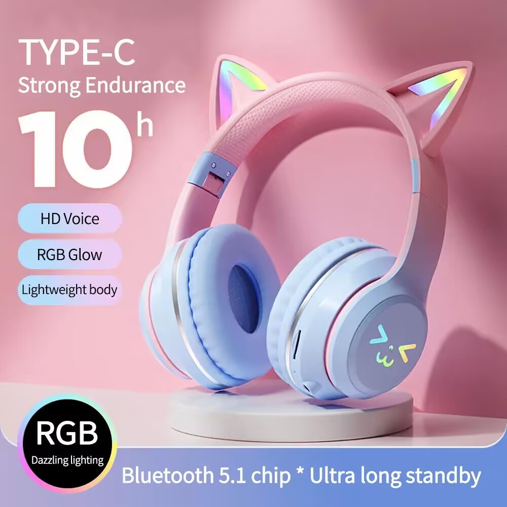 Esports Gaming Headphones - BluetoothワイヤレスRGBGlowイヤホン,猫の耳のヘッドセット,mp3プレーヤー,マイク,販売,5.3