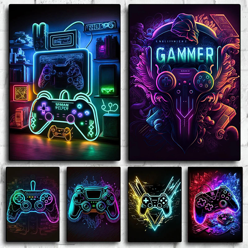モダンなネオンポップクールなゲーミングウォールアートポスター - Esports Gaming Houses のレビューと価格